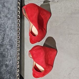 Red Suede Peep Toe Wedge Heels